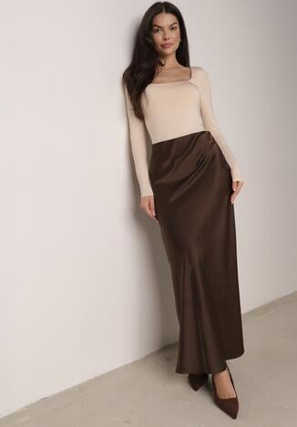 Brązowa Satynowa Spódnica Maxi Shapas