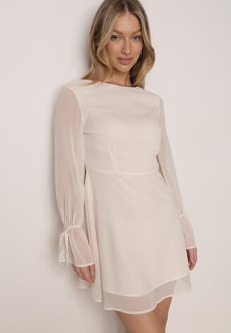 Beżowa Rozkloszowana Sukienka Vices z Bufiastymi Rękawami Eriane