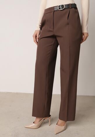 Brązowe Garniturowe Spodnie VICES na Kant z Wszytym Paskiem z Klamrą Azivore