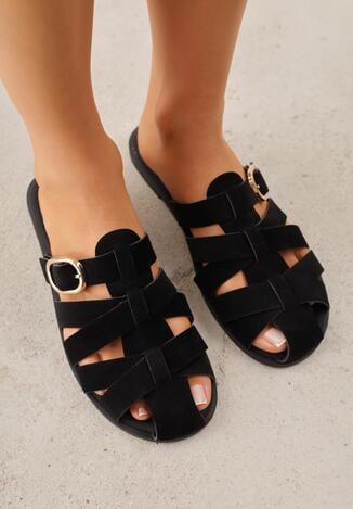 Czarne Klapki z Paskami w Stylu Gladiatorek z Klamerką Lorianatea