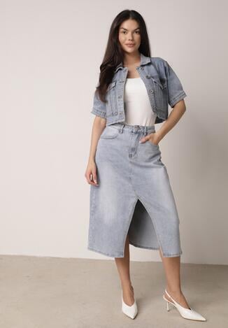 Niebieska Jeansowa Spódnica z Bawełną Wysokim Stanem i Rozcięciem z Przodu Cannate