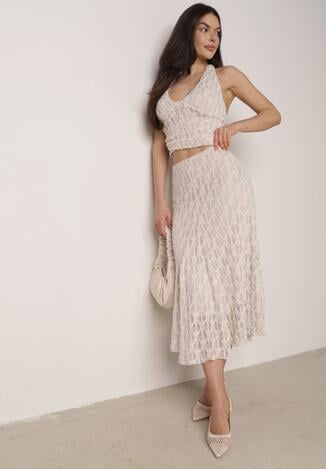 Beżowy Koronkowy Komplet Top Wiązany na Szyi i Spódnica Corinatea