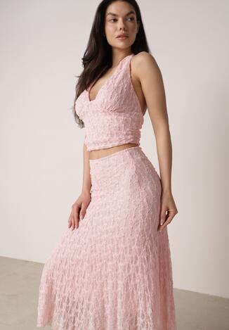 Różowy Koronkowy Komplet Top Wiązany na Szyi i Spódnica Corinatea