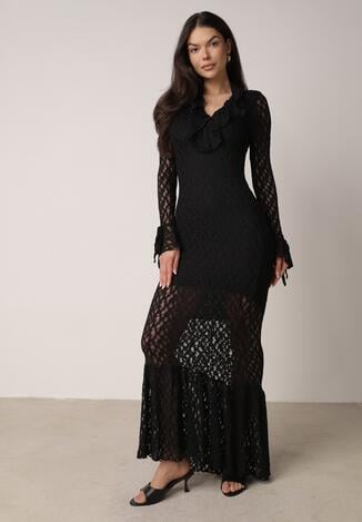 Czarna Koktajlowa Sukienka Koronkowa z Dekoltem V i Falbanami Frevina