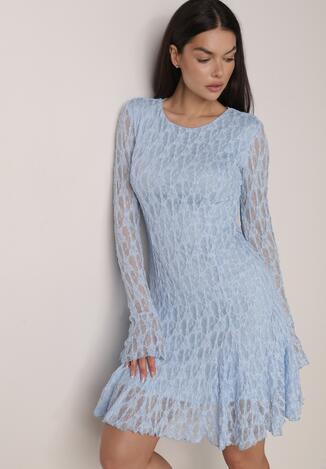 Niebieska Sukienka Koronkowa z Rozkloszowanymi Rękawami Cinatea