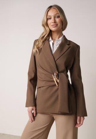 Brązowa Taliowana Marynarka z Wiskozą z Marszczeniem i Aplikacją przy Wiązaniu Alyndra