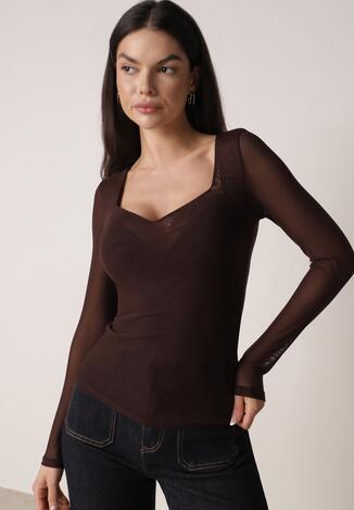 Ciemnobrązowa Bluzka Siateczkowa z Wiskozą z Długim Rękawem i Dekoltem w Serce Elanne