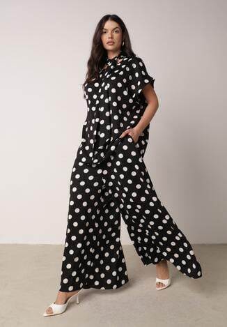 Czarny Komplet w Kropki Bluzka z Wiązaniem przy Dekolcie i Szerokie Spodnie Chrirla