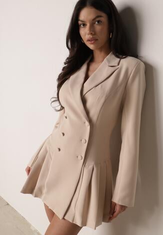 Beżowa Sukienka o Kroju Marynarki VICES z Poduszkami w Ramionach Serlina