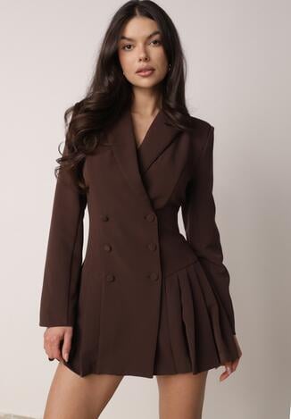 Brązowa Sukienka o Kroju Marynarki VICES z Poduszkami w Ramionach Serlina