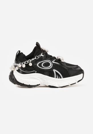 Czarne Buty Sportowe Sneakersy Chunky z Ozdobnym Łańcuszkiem z Perełkami Nephenilla