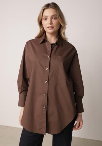 Brązowa Bawełniana Koszula Oversize z Biżuteryjnymi Guzikami Adrearina