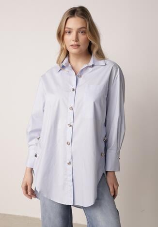 Niebieska Bawełniana Koszula Oversize z Biżuteryjnymi Guzikami Adrearina