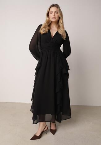 Czarna Romantyczna Sukienka Koktajlowa z Falbanami i Marszczeniem w Pasie Aranilla