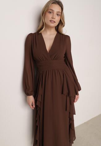 Brązowa Romantyczna Sukienka Koktajlowa z Falbanami i Marszczeniem w Pasie Aranilla
