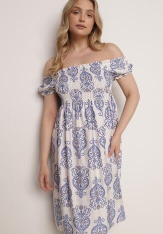 Niebieska Wiskozowa Sukienka Hiszpanka w Etniczny Wzór Hywen