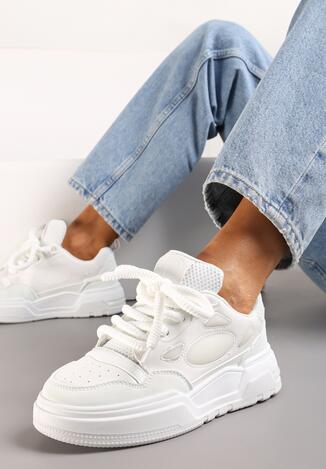 Białe Sneakersy Streetwearowe z Ozdobnym Sznurowaniem na Grubej Podeszwie Rafoi