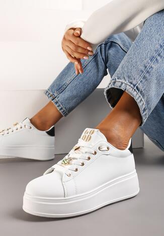 Biało-Czarne Sznurowane Sneakersy do Kostki z Ekoskóry na Platformie z Aplikacjami Lexinia