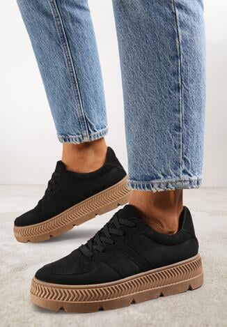 Czarne Sneakersy na Grubej Podeszwie z Tłoczeniami Try to Forget