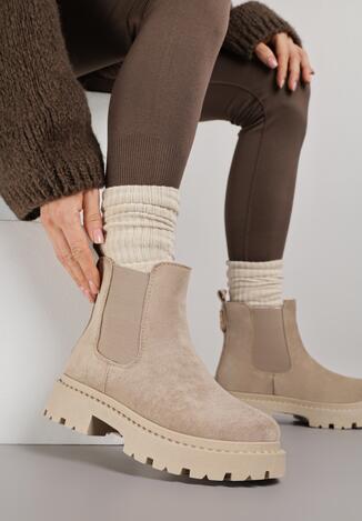 Ciemnobeżowe Botki na Grubej Tłocznej Podeszwie z Elastyczną Gumką Verilln