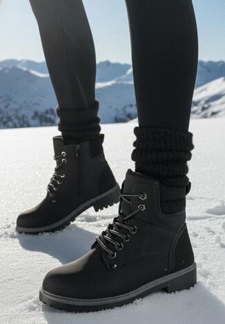 Czarne Płaskie Klasyczne Traperki ze Sznurowaniem Lobanne