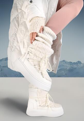 Białe Sznurowane Śniegowce Vices na Grubej Podeszwie Ozdobione Futerkiem Nomizola