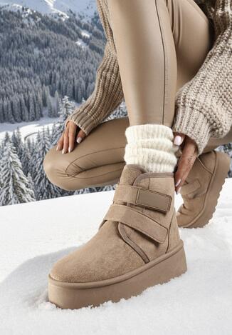 Ciemnobeżowe Śniegowce na Grubej Podeszwie Zapinane na Rzepy Tarorelle