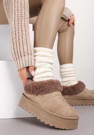 Ciemnobeżowe Śniegowce na Platformie z Wywiniętym Futerkiem Tiriola