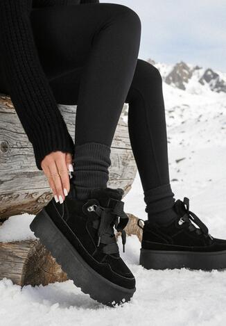 Czarne Sneakersy Vices w Stylu Śniegowców na Platformie z Ozdobnym Futerkiem Nalirea