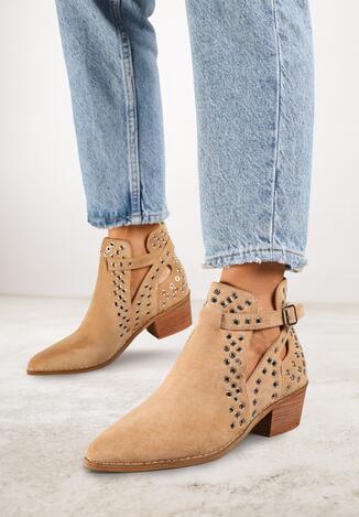 Ciemnobeżowe Botki Kowbojki Vices na Obcasie Ozdobione Wycięciem i Metalicznymi Wstawkami Nelori