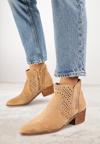 Ciemnobeżowe Ażurowe Botki Vices na Obcasie w Stylu Kowbojek Selrith