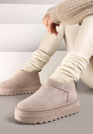 Jasnobeżowe Śniegowce Vices z Krótką Cholewką Ocieplone Futerkiem Grelfedi