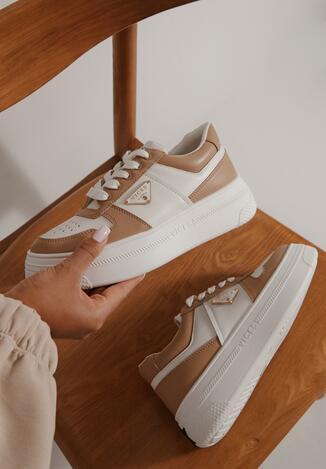Beżowo-Białe Sneakersy Vices na Grubej Podeszwie z Geometryczną Ozdobą i Perforacją Karvesa