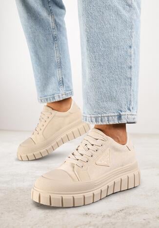 Beżowe Sneakersy Vices na Grubej Podeszwie z Geometryczną Aplikacją Leanae