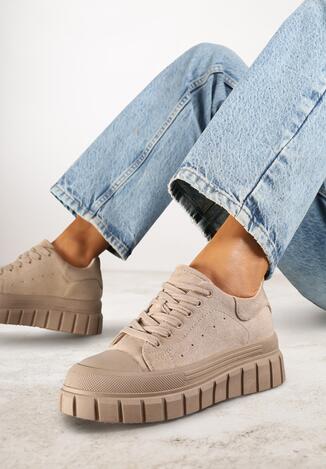 Ciemnobeżowe Sneakersy Vices na Grubej Tłoczonej Podeszwie z Perforacją Lealita
