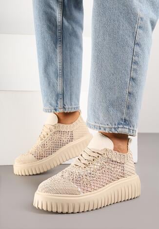 Beżowe Ażurowe Sneakersy Vices na Grubej Podeszwie z Tłoczeniem Luminise