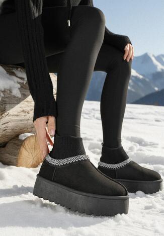 Czarne Śniegowce VICES na Grubej Podeszwie z Haftem i Skarpetkową Cholewką Enantia