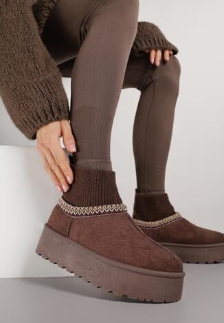 Brązowe Śniegowce VICES na Grubej Podeszwie z Haftem i Skarpetkową Cholewką Enantia