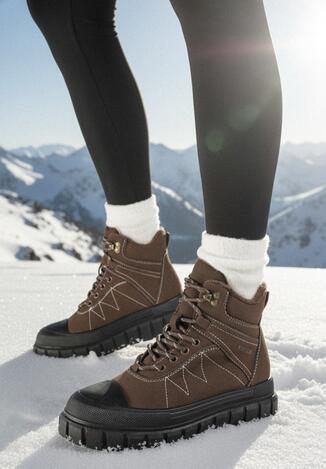 Brązowe Botki Trapery Vices na Grubej Tłoczonej Podeszwie z Przeszyciami Amarrise