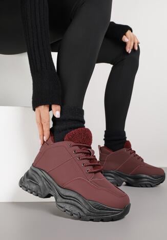 Bordowe Traperki Sneakersy Vices na Grubej Tłoczonej Platformie Typu Traperki Narrise