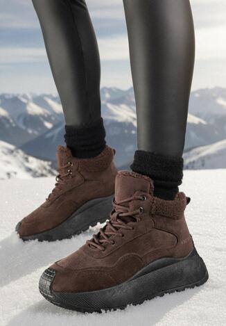 Brązowe Sneakersy Śniegowce Vices na Grubej Podeszwie Ozdobione Futerkiem i Napisem Nelinena