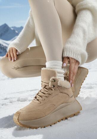 Jasnobrązowe Sneakersy Śniegowce Vices na Grubej Podeszwie Ozdobione Futerkiem i Napisem Nelinena