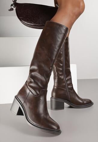 Ciemnobrązowe Kozaki Vices na Obcasie w Stylu Oficerek Afurrive
