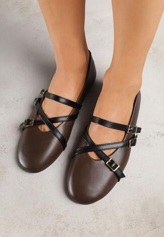 Brązowe Balerinki Vices w Stylu Mary Jane ze Skórzaną Wkładką Nalievre