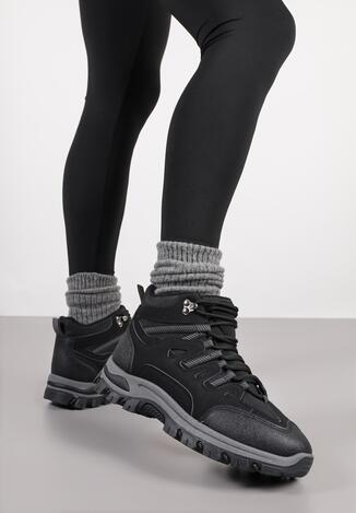 Czarne Sznurowane Buty Trekkingowe Traperki Vices na Grubej Podeszwie Afertie