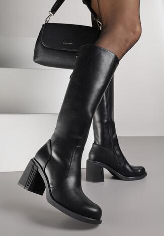 Czarne Skórzane Kozaki VICES na Obcasie z Ozdobnymi Paseczkami Vidare