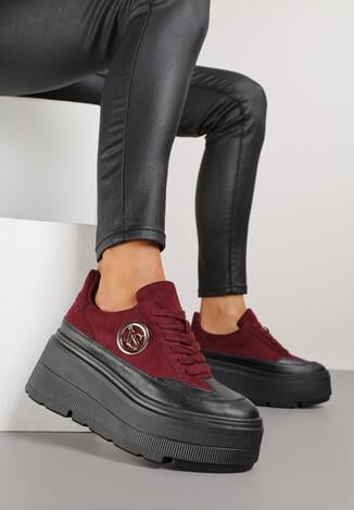 Czarno-Bordowe Sneakersy Vices na Platformie Zdobione Okrągłą Aplikacją Wodvire