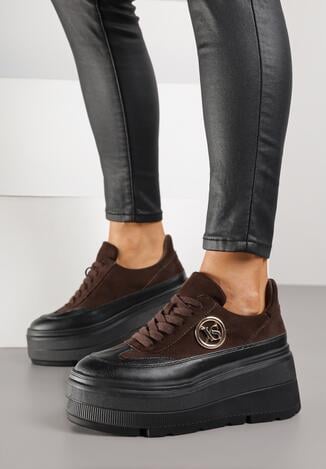 Czarno-Brązowe Sneakersy Vices na Platformie Zdobione Okrągłą Aplikacją Wodvire