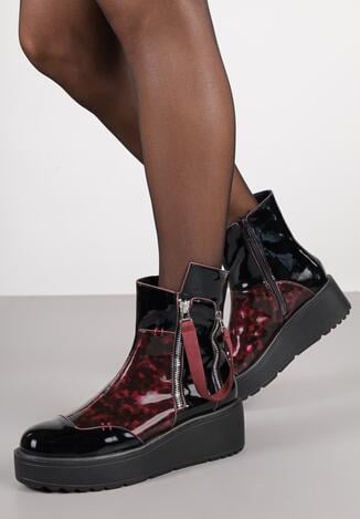 Czarno-Czerwone Lakierowane Botki Vices na Platformie i Koturnie Gamillia