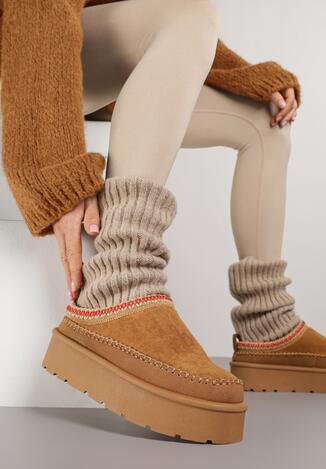 Jasnobrązowe Śniegowce Ocieplone na Platformie z Ozdobnym Wyszywaniem Reitenna